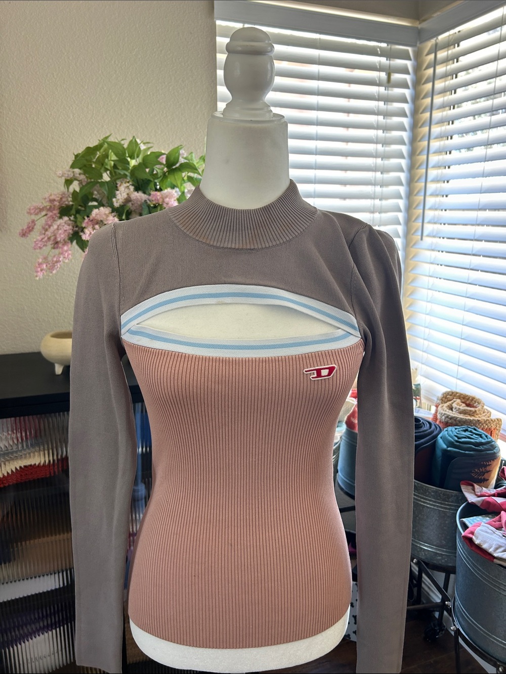 Diesel Ribbed Long-Sleeve Top in Mauve and Blush